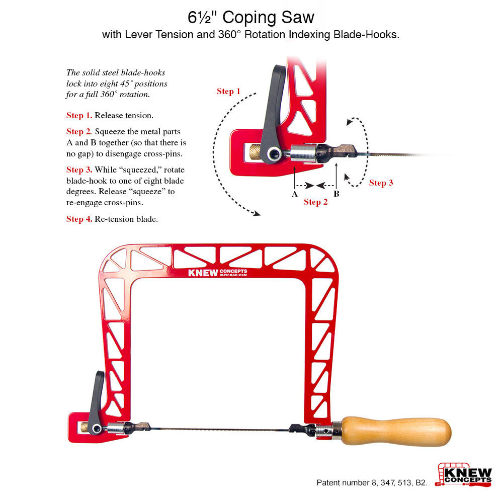 6½" Coping Saw with Lever Tension and 360° Rotation Indexing Blade-Hooks